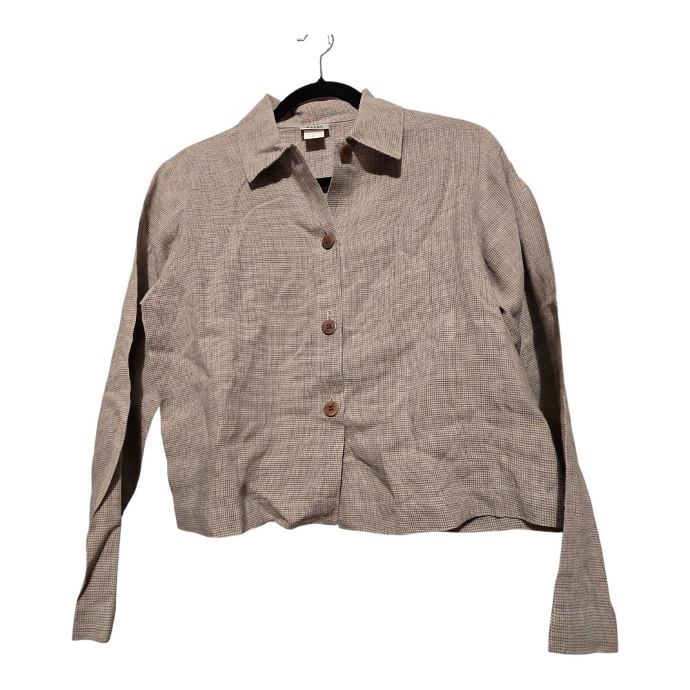 Vintage Eileen Fisher Button Shirt Womens SM Beige Check Crop Linen Minimalist